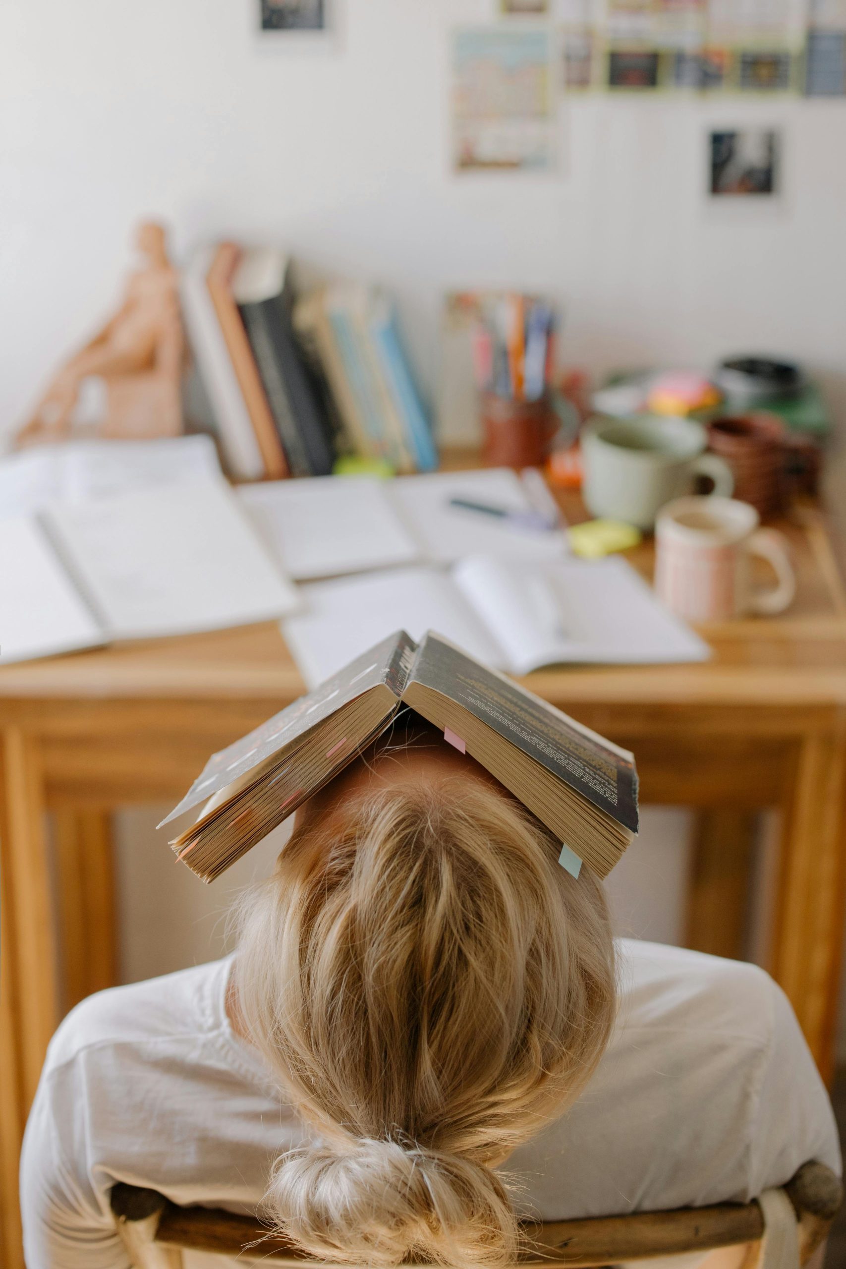 A student resting with their head leaned back, a book covering their face.