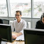 "Group of office workers in a modern workplace."